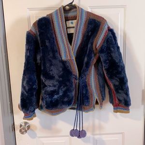 Anthropologie purple textured woven wrap jacket with Pom Pom closure.